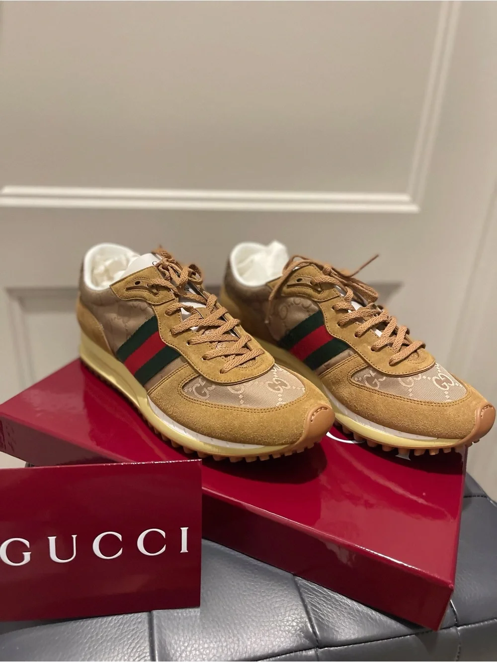 Gucci Tan & Beige GG Suede-Trim Runner Sneakers comes